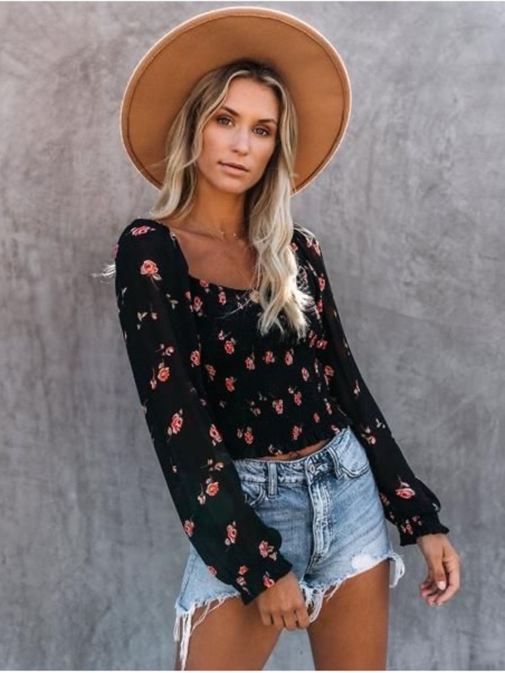 Vici Black Floral Square-Neck Long Sleeve Top